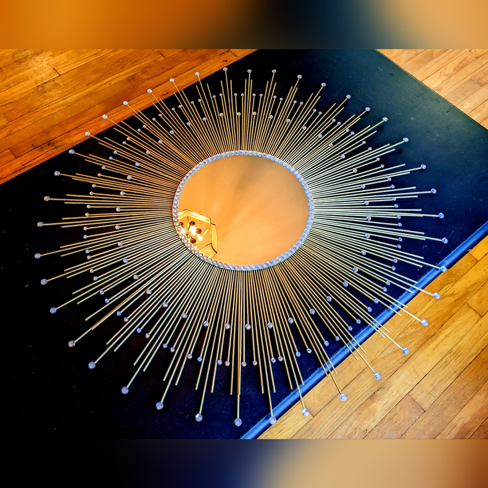 Large 35" Glamorous Gold Sunburst Mirror with 200 Gems Decorative Wall Mirror